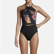 Time and Tru Women's Black Floral Halter Cutout One-Piece Swimsuit L 12-14 