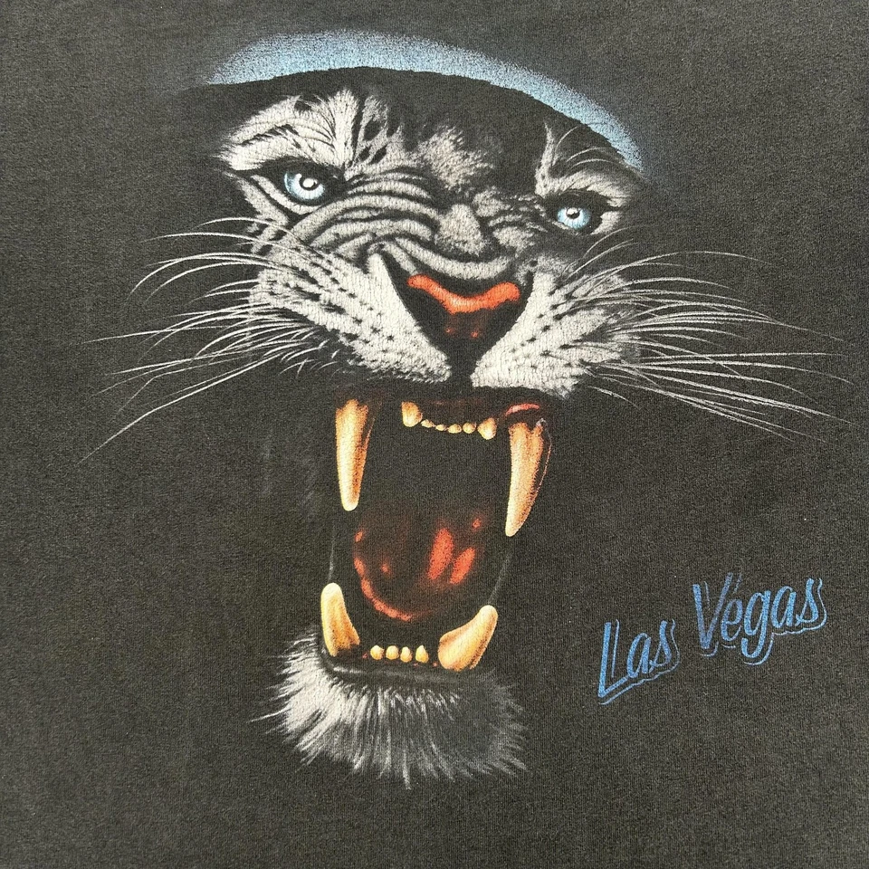 Camisa masculina vintage Las Vegas extra grande preta gato grande tigre gráfico turista anos 90 - Imagem 2 de 4