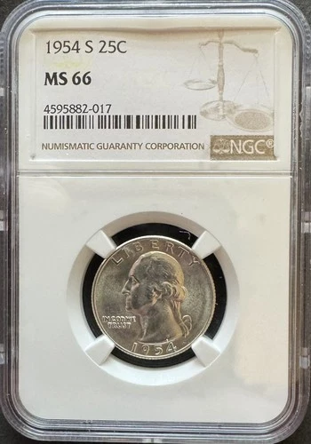 1954-S  Washington Silver Quarter NGC MS66     Free US Shipping