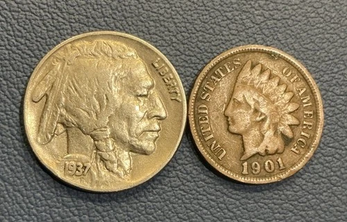Vintage U.S Coins - 1901 Indian Head Cent + 1937 Buffalo Nickel
