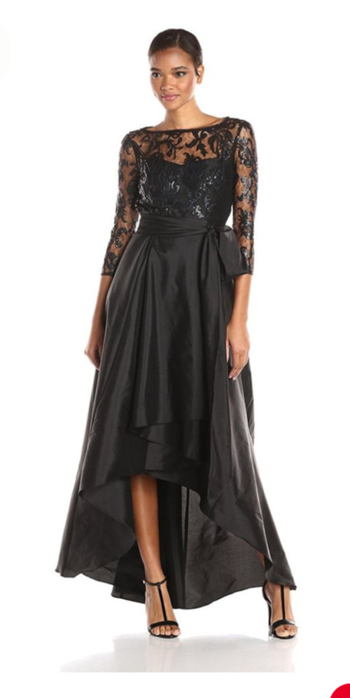 Adrianna Papell Black Sequin Lace Dress High Low Taffeta Gown Size 12