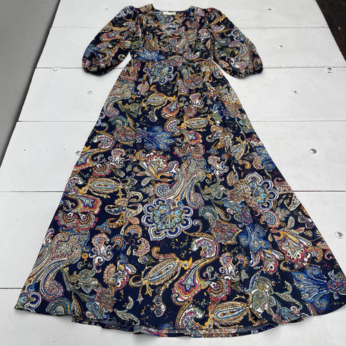 Pinch dunkelblau Satin Paisley V-Ausschnitt Maxikleid Damengröße Small