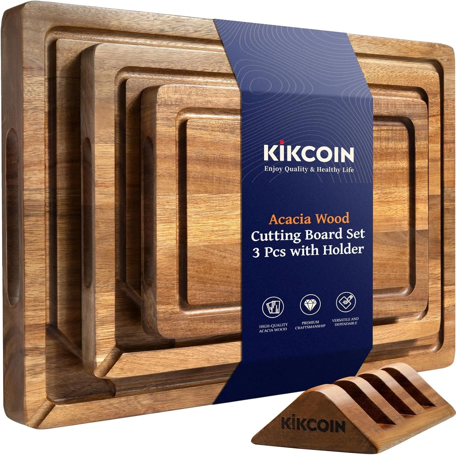 Wood Cutting Boards Kitchen 3 PCS Wooden Cutting Board Set W/ Holder Chopping