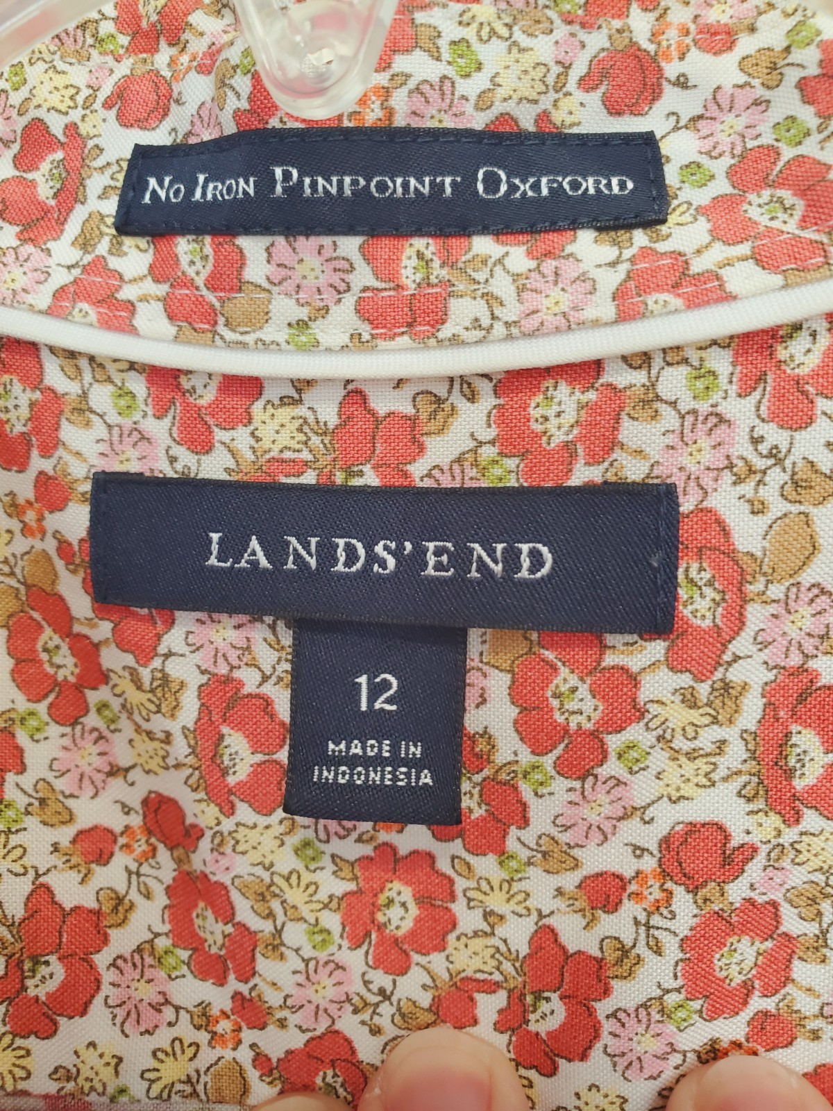 Lands' End No Iron Pinpoint Oxford Cotton Floral Button-Up Shirt Size 12