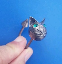 Vintage Sterling Silver 925 Cat / Kitten Keychain with Green Stone Eyes