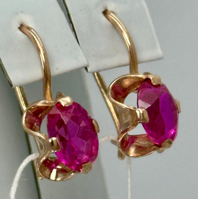 Vintage Original USSR 583 14K Solid Rose Gold Earrings with Lab Ruby, 3.01g