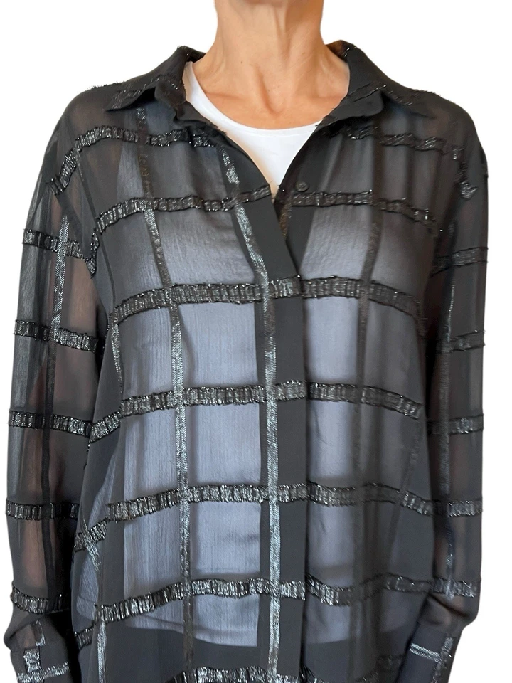 By Malene Birger Black Check Sheer Chiffon Button Up Blouse Tunic 40 L Oversize - Image 4 of 4