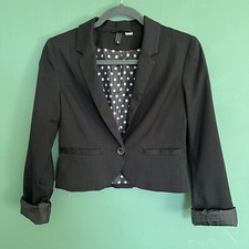 Divided H M Womens Blazer Jacket Black Cropped Preppy Polka Dot Lining Size 6