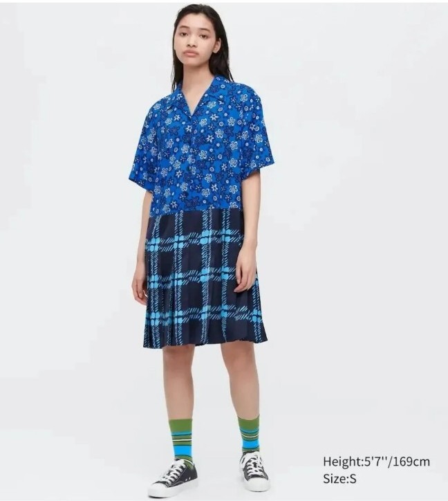 ワンピース MARNI DRESSES BLUE CHINA Uniqlo x Marni Open Collar Short Sleeve Pleated Dress
