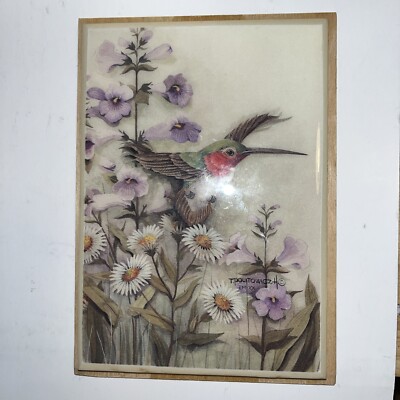 Vintage Theresa Politowicz Hummingbird Tile Art On Wood Backing Floral Tile Art