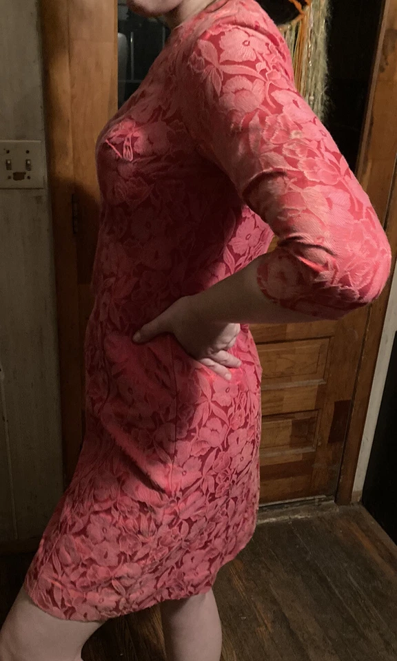 Vestido Brocado Vintage Anos 60 Feminino Rosa Festa Floral Shift Médio Tamanho 8? Retrô - Imagem 3 de 4