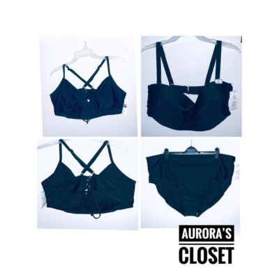 Time Tru 3X Black Bikini Top Bottom Full Coverage Bandeau 3 PC Set NWT $57