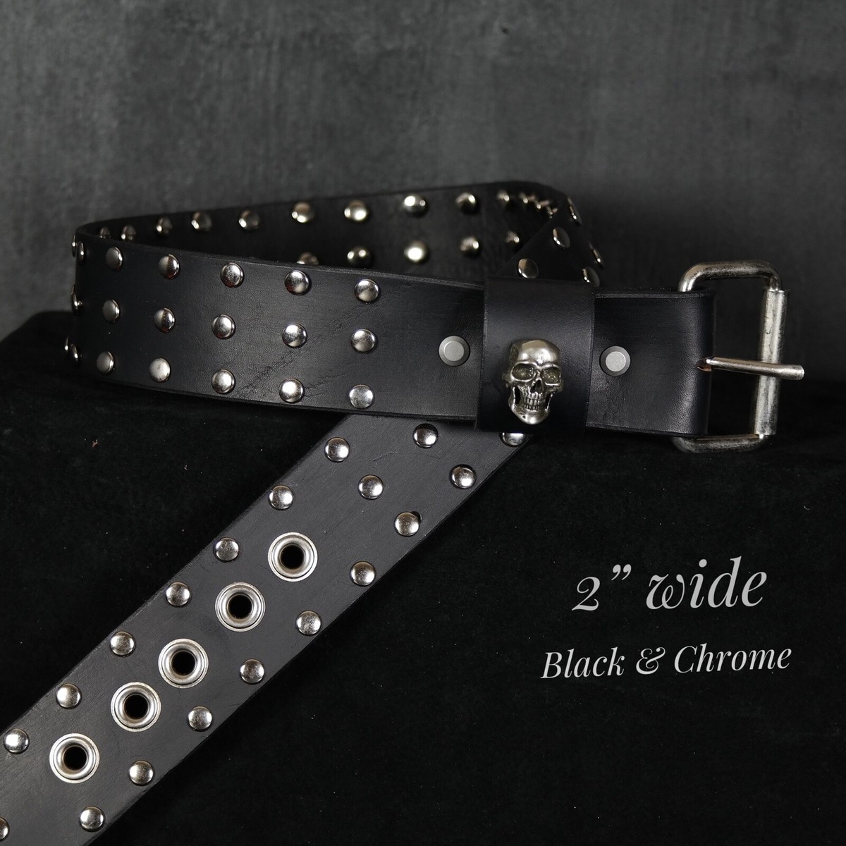 Heavy Metal Studded Leather Belt. Skull. 2” Wide. Black & Chrome