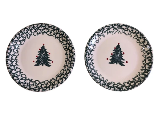 Folk Craft by Tienshan, Winter Wonderland Spongeware Dinner Plates - Lot of 2