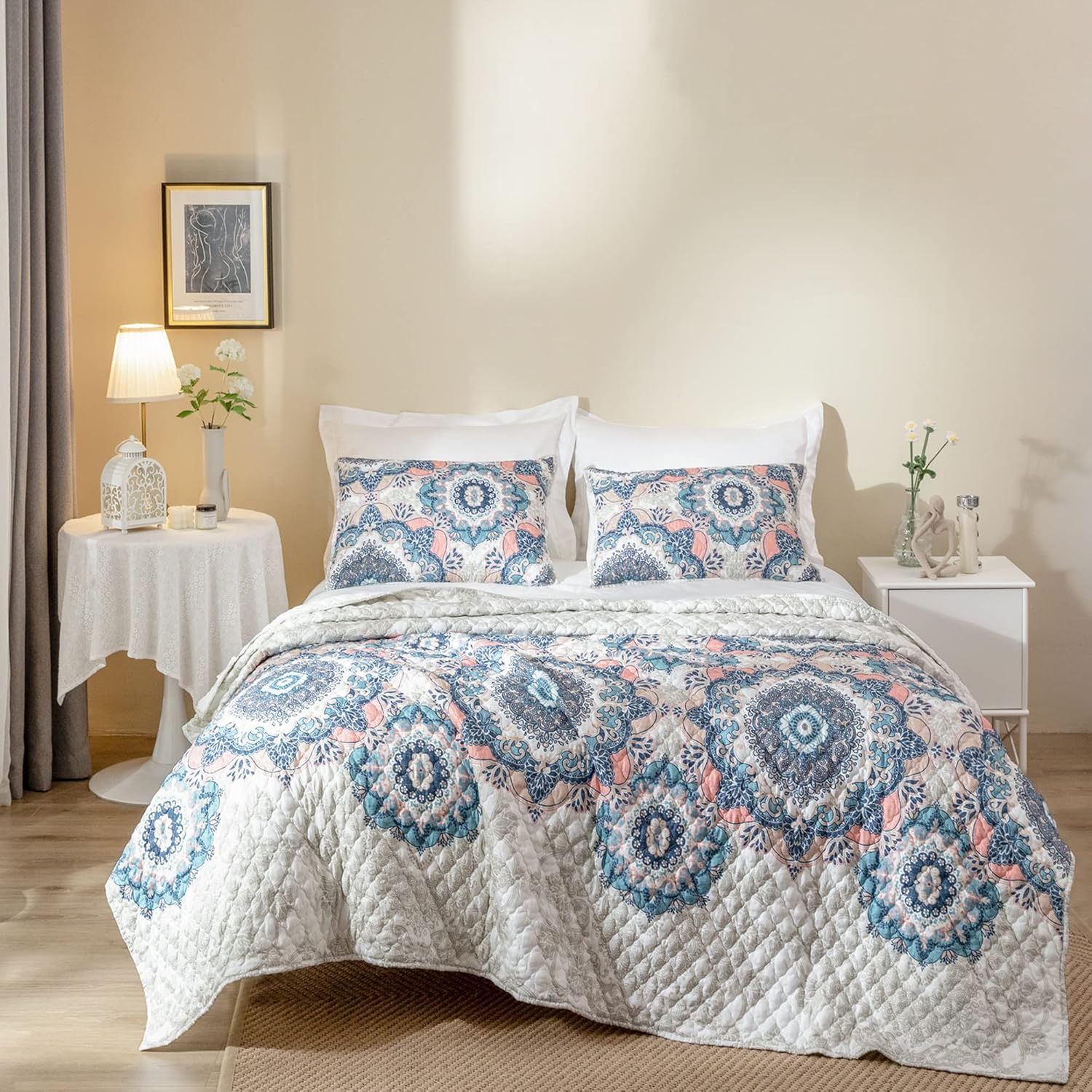 SHALALA Floral Queen Quilt Bedding Set,Soft Colorful Boho Quilts for Queen Bed,L