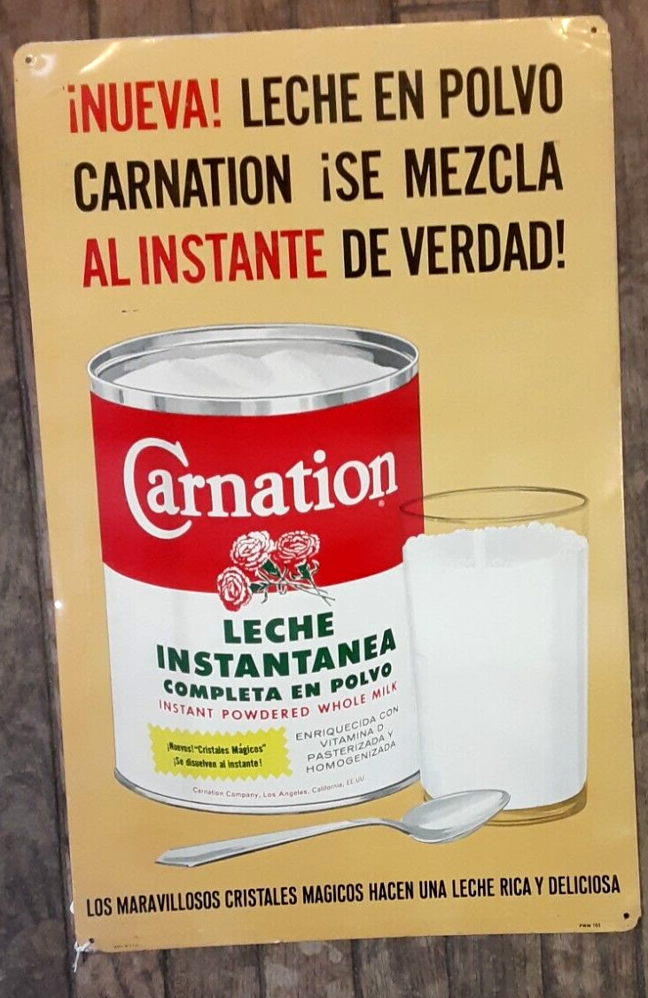 19501960's ORIGINAL Carnation, Spanish Language, Metal Sign 13" x 21