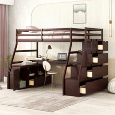 Wood Loft Bed with Desk and Storage Cabinets & Stairs Twin Size Bed Frame Modern