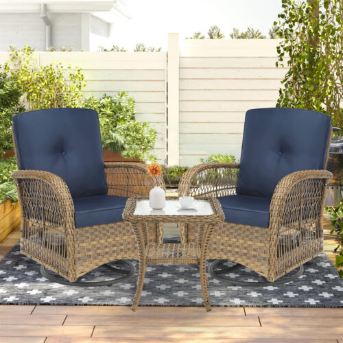 3 PCs Patio Wicker Conversation Bistro Set Rattan Gliding Rocking Swivel Chairs - Picture 4 of 32