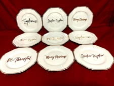 Prima Design Lot/Set Of 9 White & Gold Trim Snack Salad Dessert Plates 7 3/4"