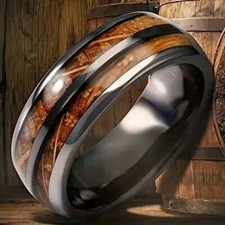 Black Stainless Steel Wood Grain Inlaid Lightweight Comfort 6mm Band Ring Sz 12
