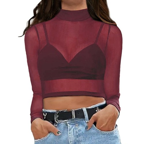 Women Short Sleeve Long Sleeve Sheer Mesh Perspective Crop Tops Tee Shirt Blouse - Bild 6 von 12