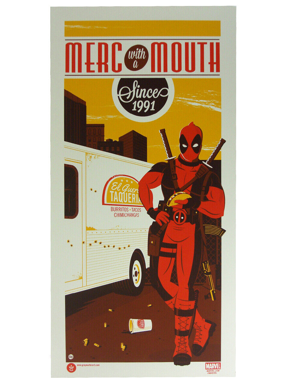 Deadpool Dave Perillo Screenprint Merc With Mouth Since 1991 Grey Matter Marvel