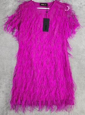 Nova Luxe Dress Womens Small Fuchsia Feather Fringe Mesh Overlay Mini Cocktail