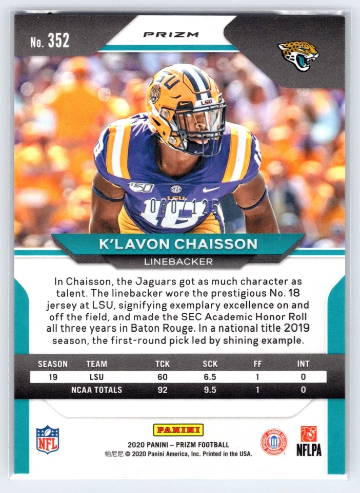 2020 Panini Prizm Rookie Purple Prizm ⭐#'d/125⭐ K'Lavon Chaisson #352 Rookie RC - Image 2 of 3