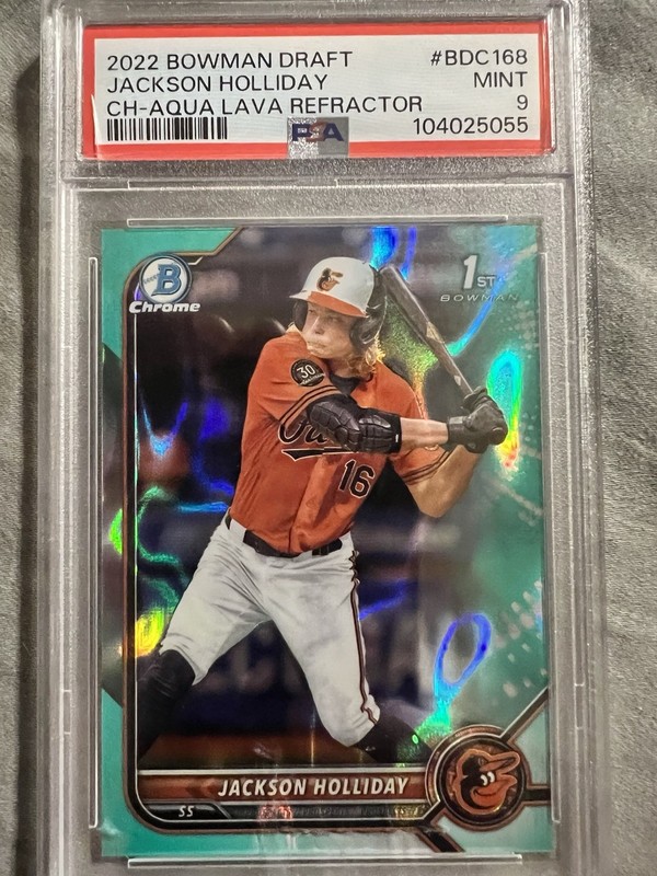 2022 Bowman Draft Jackson Holliday #BDC-168 Aqua Lava Refractor /199 (RC) PSA 9