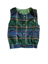 Vintage Green Plaid Button-Up Vest With Elastic Hem Sleeveless Retro Style