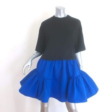 Alexander McQueen Ruffled Mini T-Shirt Dress Black Cotton & Blue Taffeta Size 42