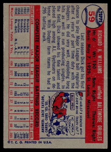 Dick Williams 1957 Topps #59 en muy buen estado/excelente - Imagen 2 de 2