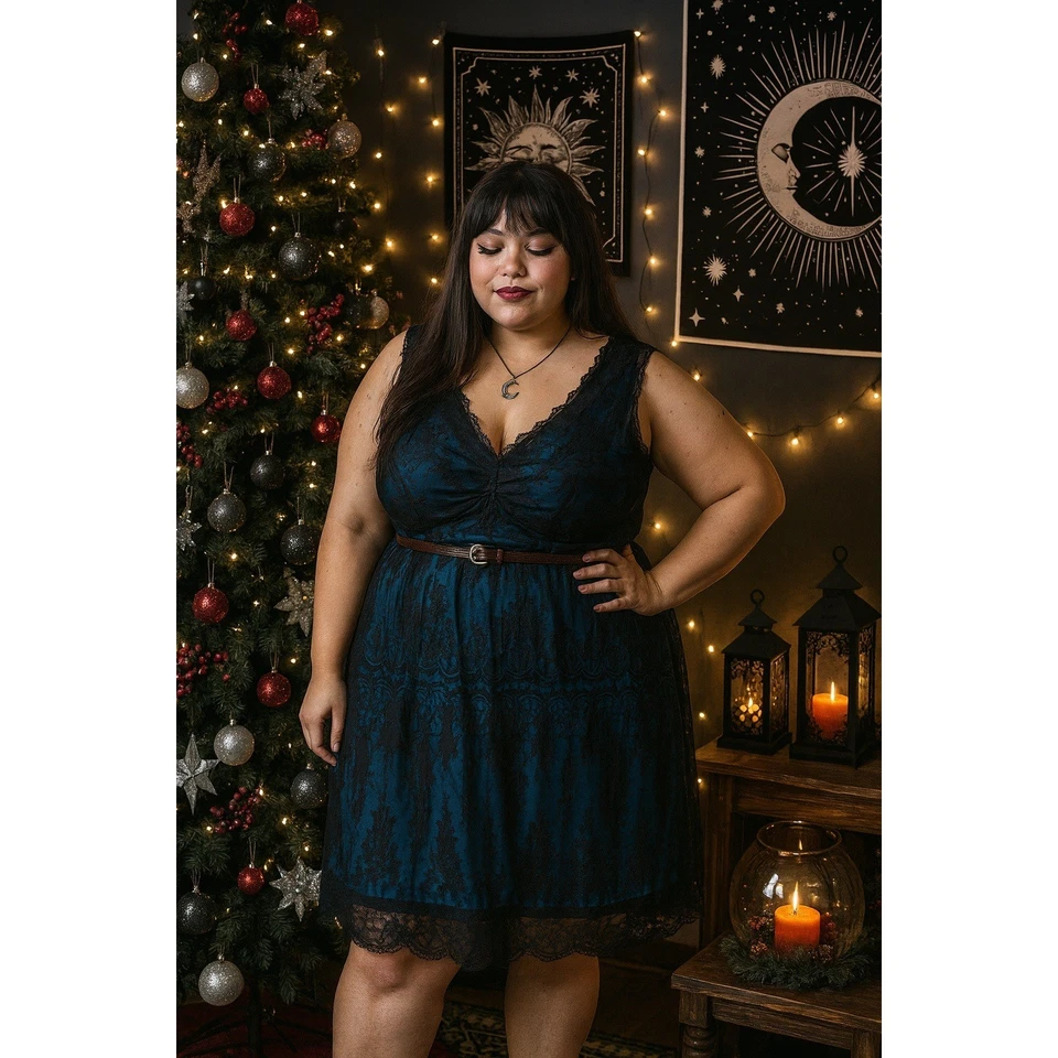 Lane Bryant Teal Blue Black Lace V Neck Ruched Sheath Dress Womens 24 Whimsygoth - Image 2 of 4