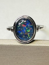 925 Sterling Silver Natural Big 10 By 8mm Galaxy Australian Opal Ring Certified