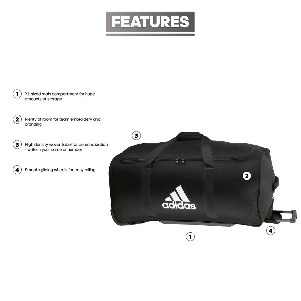 Adidas Team XL 2 Wheel Duffel Bag, Rolling Sports Suitcase - Black/White - Image 2 of 4
