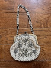 Vintage La Regale LTD Beaded Ivory Silver Satin Clutch Formal Bag