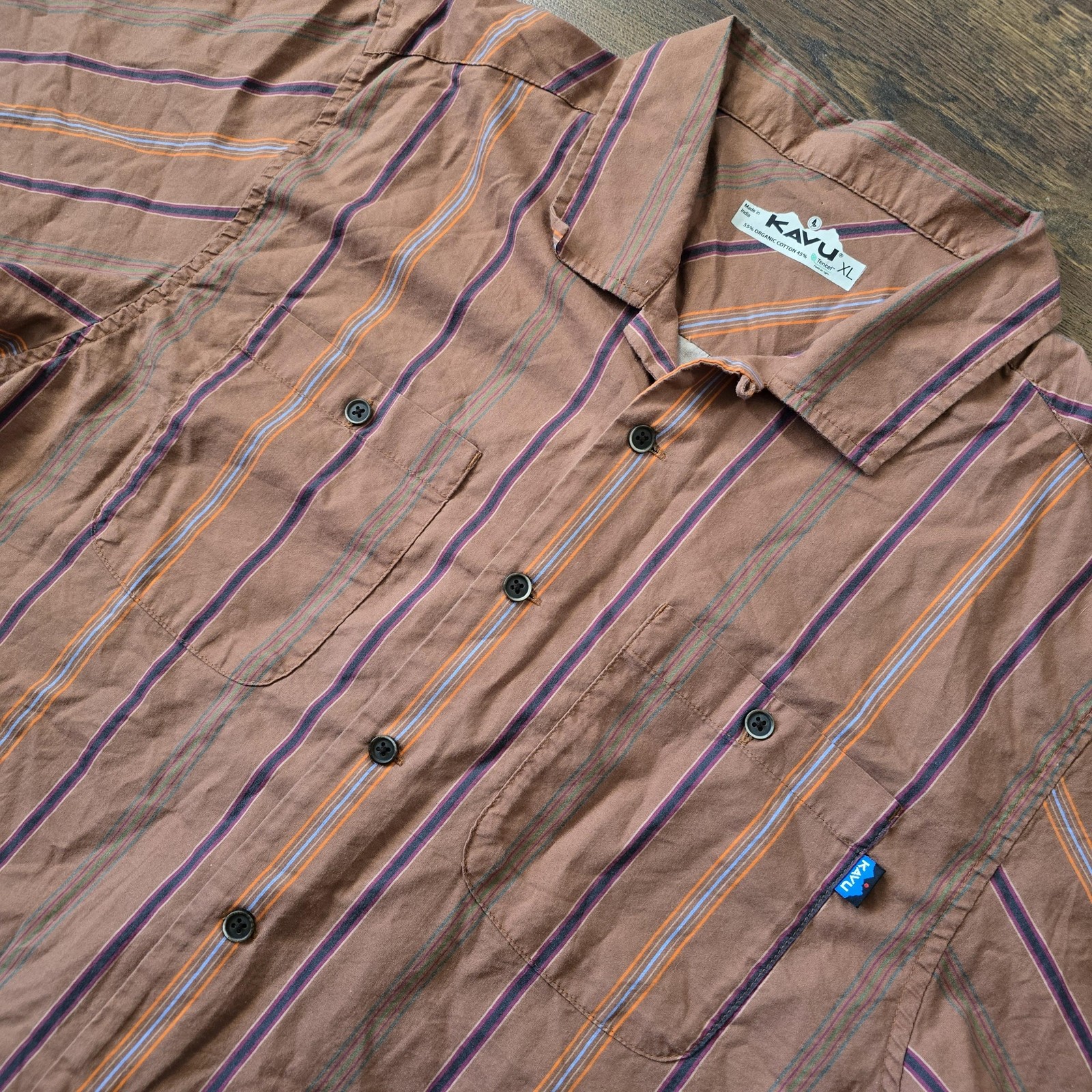 KAVU Shirt Mens XL Brown Striped Denny Button Up Short Sleeve Casual Summer