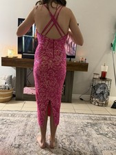 Pink Floral Lace Bodycon Sheath Midi Dress V-Neck Spaghetti Strap Zip Lined