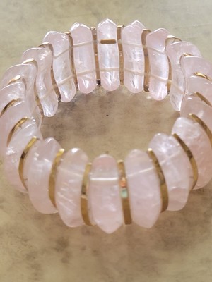 CUSTOM FINE POLISHED CURVED ROSE QUARTZ AND 14K YELLOW GOLD STATEMENT  BRACELET 