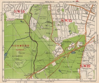 SW LONDON. Putney Roehampton Richmond Park Wimbledon Common. Speck 1938 Karte