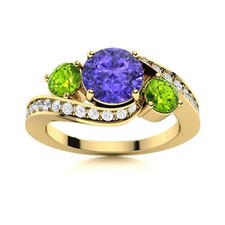 925 Sterling Silver Gold Plated 5MM Round Tanzanite  Peridot Three Stone Ring