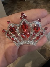 Rhinestone Red and Clear Tiara Crown Brooch Pin Silver Tone New