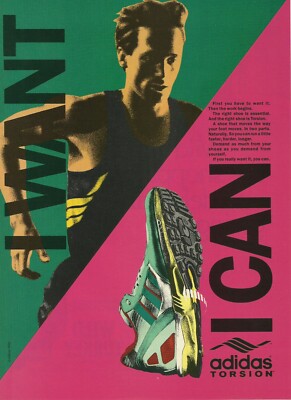 1989 Adidas Torsion Shoe I Want I Can vintage print ad 80's