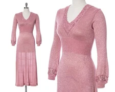 Vintage 1970s 70s Wenjilli Style Metallic Knit Crochet Pink Maxi Sweater Dress