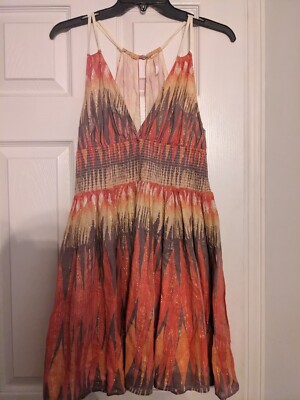 Free People Dress Small  Indian Summer Red Orange Gold Lurex Mini Boho Festival