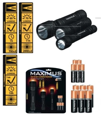 MAXIMUS 3x Taschenlampe Set LED Handlampe Lampe Inkl. Duracell Batterien Hell