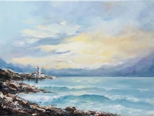 Oil Painting Lighthouse Original Art Seascape canvas artwork Sunset Painting