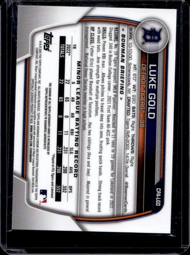 2023 Bowman Chrome Luke Gold 1st Prospect Auto Autograph #CPA-LGD Tigers - Picture 2 of 2