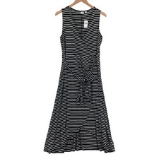 Gap Wrap Dress Women Small Black White Striped Knit Sleeveless V Neck Drawstring