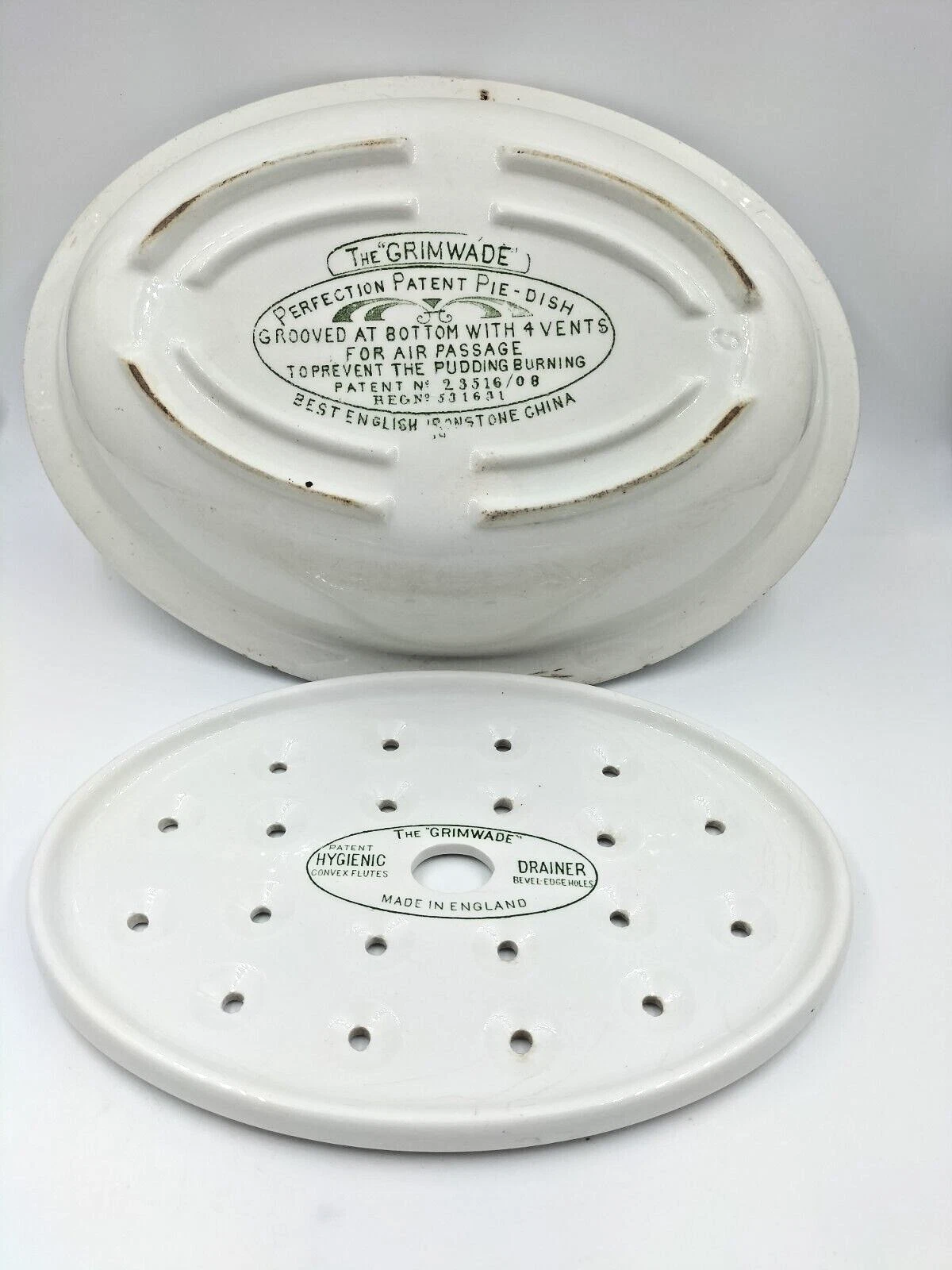 Rare Antique c.1900 English China Baking Ware The Grimwade Drainer & Pie Dish AF